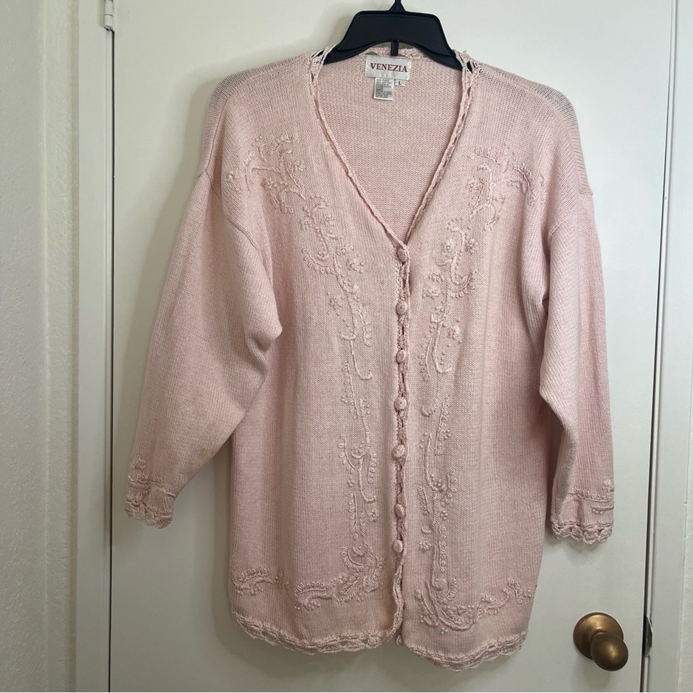 Venezia Light Pink Women's Cardigan Large Embroidered Detail Long Sleeve - Picture 1 of 15
